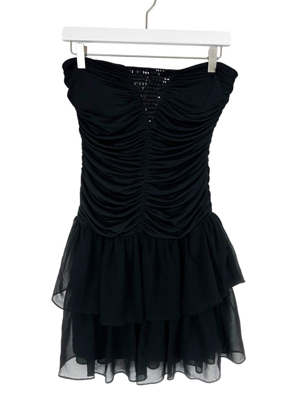 Deb Y2K 2000's Stapless Dress Ruffle Hem Size Large Black Bedazzled